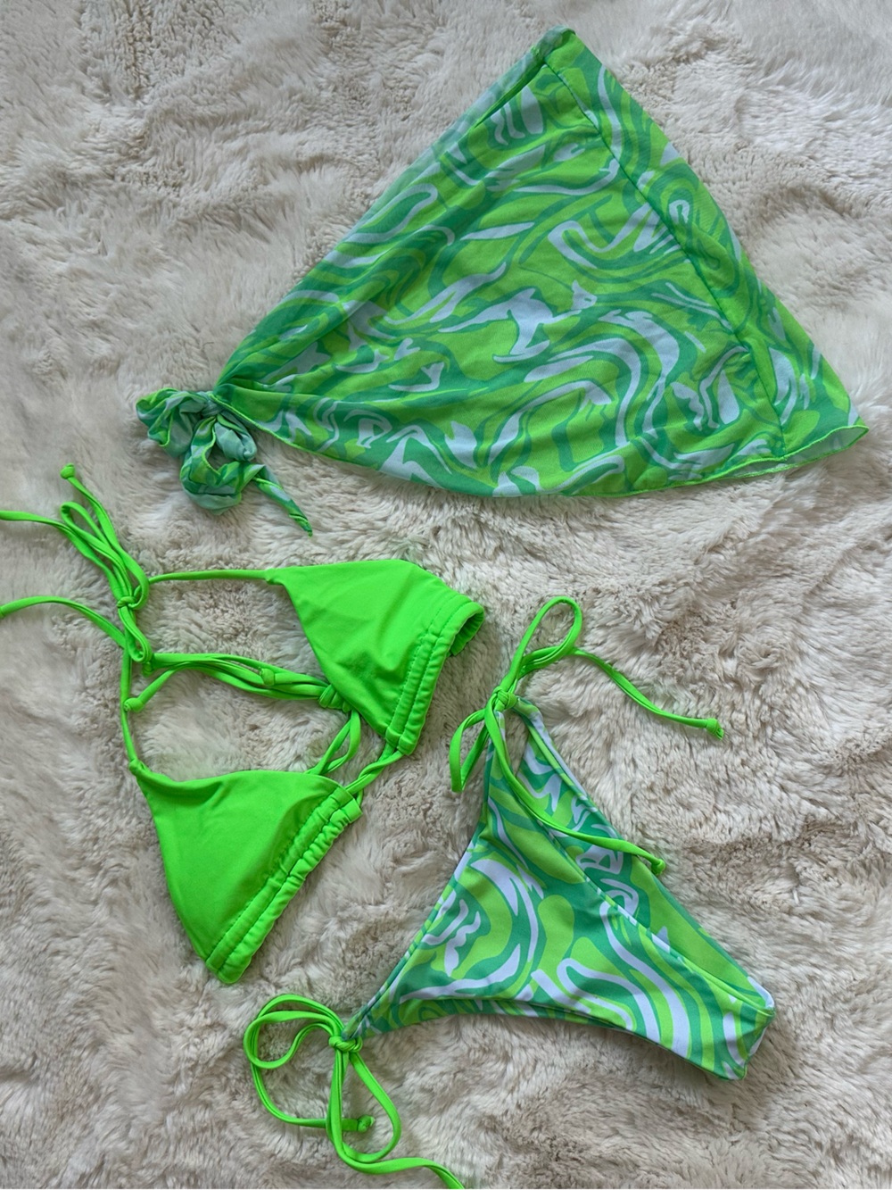 SHEIN 3 pc Neon Green Swirl Bikini Set with Sarong
